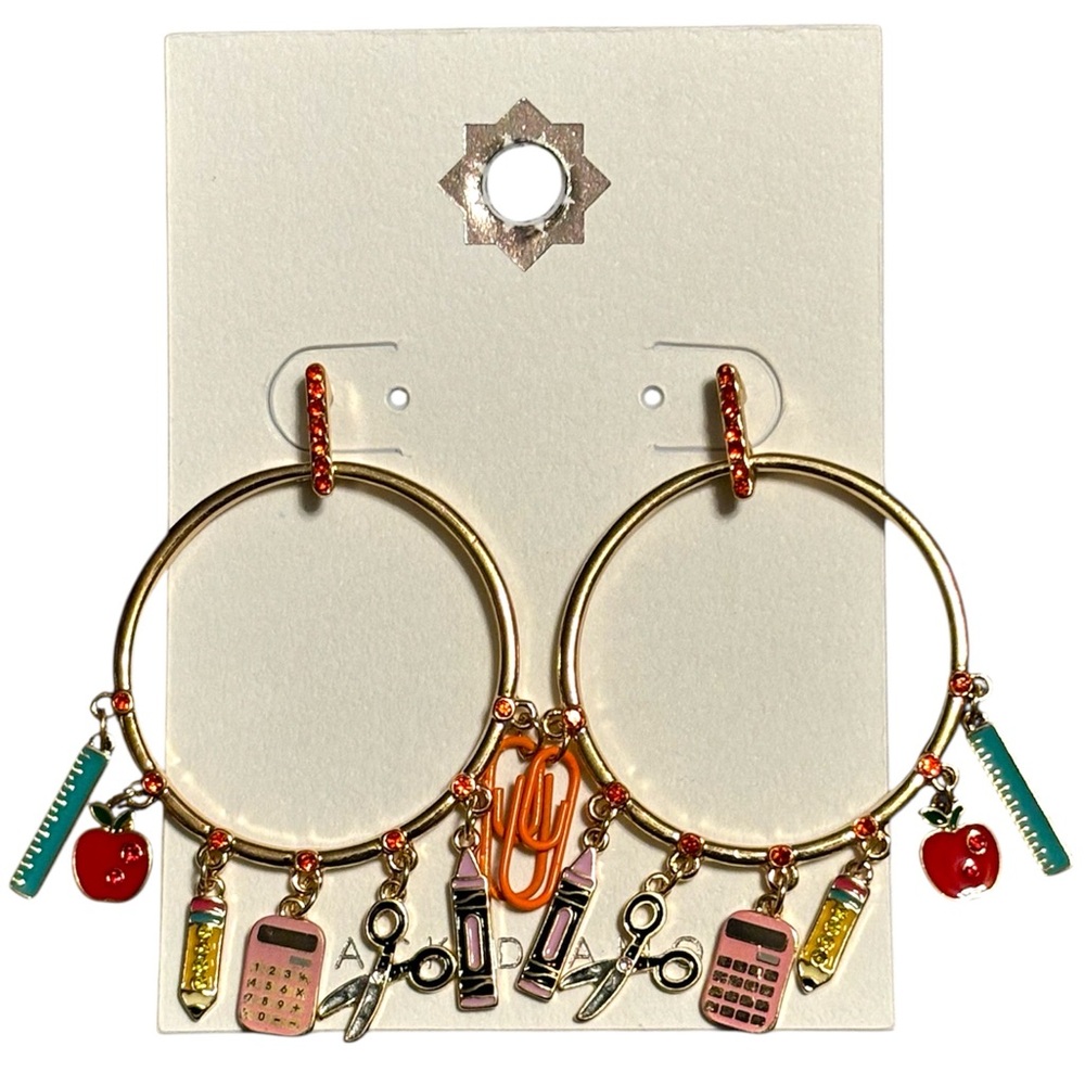 NWT•Black Diamond Gold Multi-Color Teacher Charm Hoop Earrings
